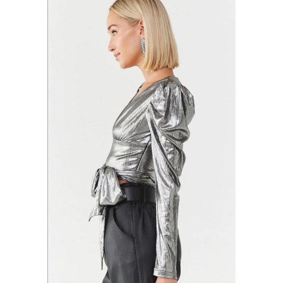 FOREVER 21 TIE METALLIC PUFF SLEEVE TOP BLOUSE - Picture 2 of 5